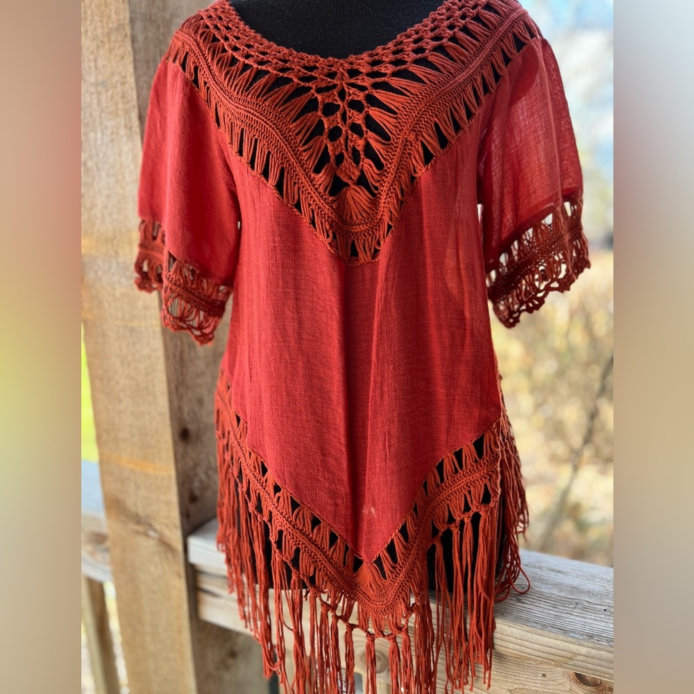 Vivid Hippie Gypsy Bohemian Cinnamon Orange Crochet Fringed Pullover Top NWT